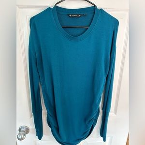 Athleta Blue Drishti Ruched Side Tunic Sweater Sz XS Sleeve Thumb Holes